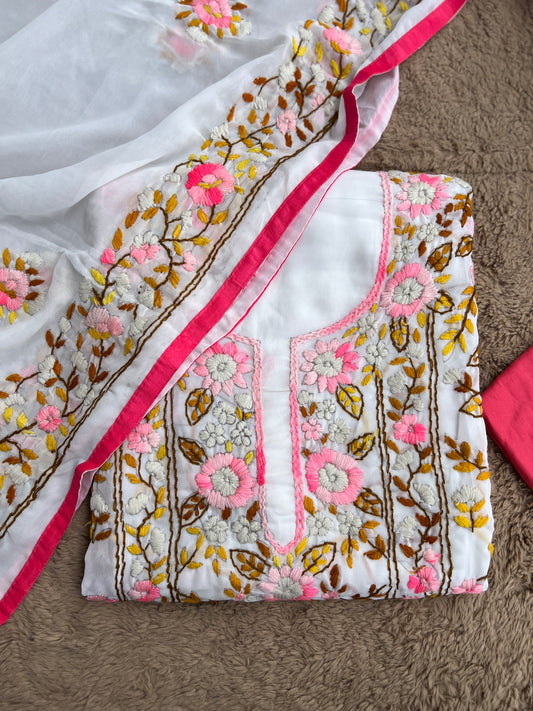 White Georgette Phulkari Suit with Pastel Hand Embroidery 🌸