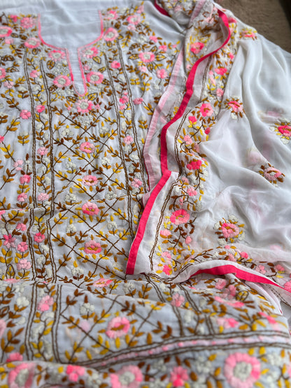 White Georgette Phulkari Suit with Pastel Hand Embroidery 🌸