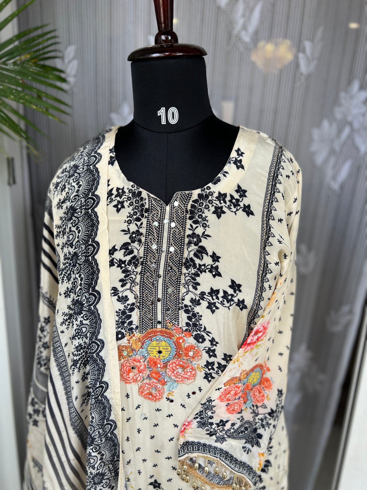 Elegant Crepe Pakistani Stitched Salwar Suit with Intricate Mirror Work