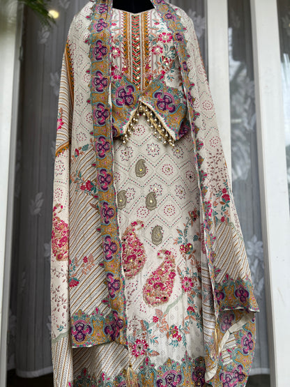 Elegant Crepe Pakistani Stitched Salwar Suit with Intricate Mirror Work
