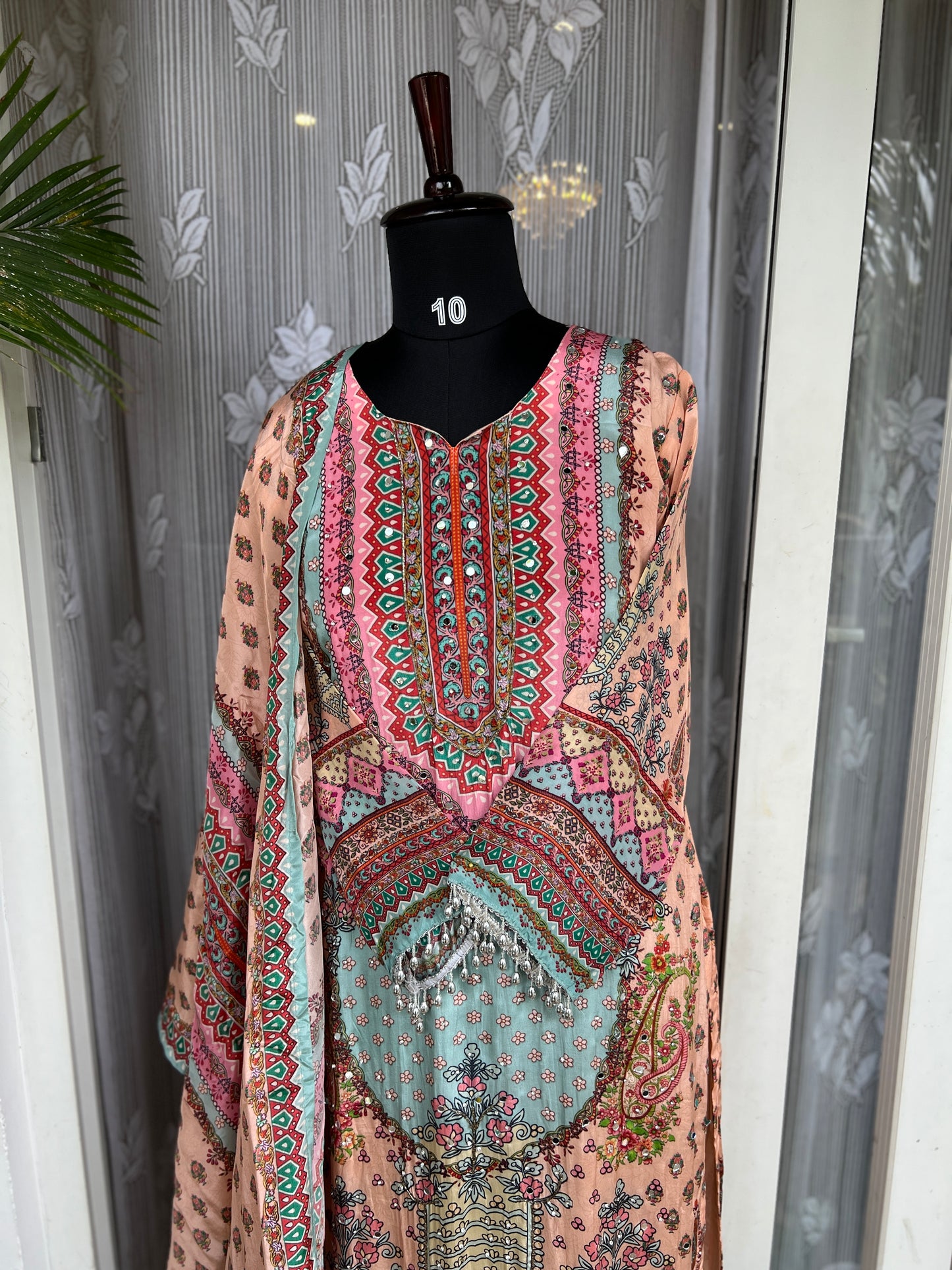 Elegant Crepe Pakistani Stitched Salwar Suit with Intricate Mirror Work