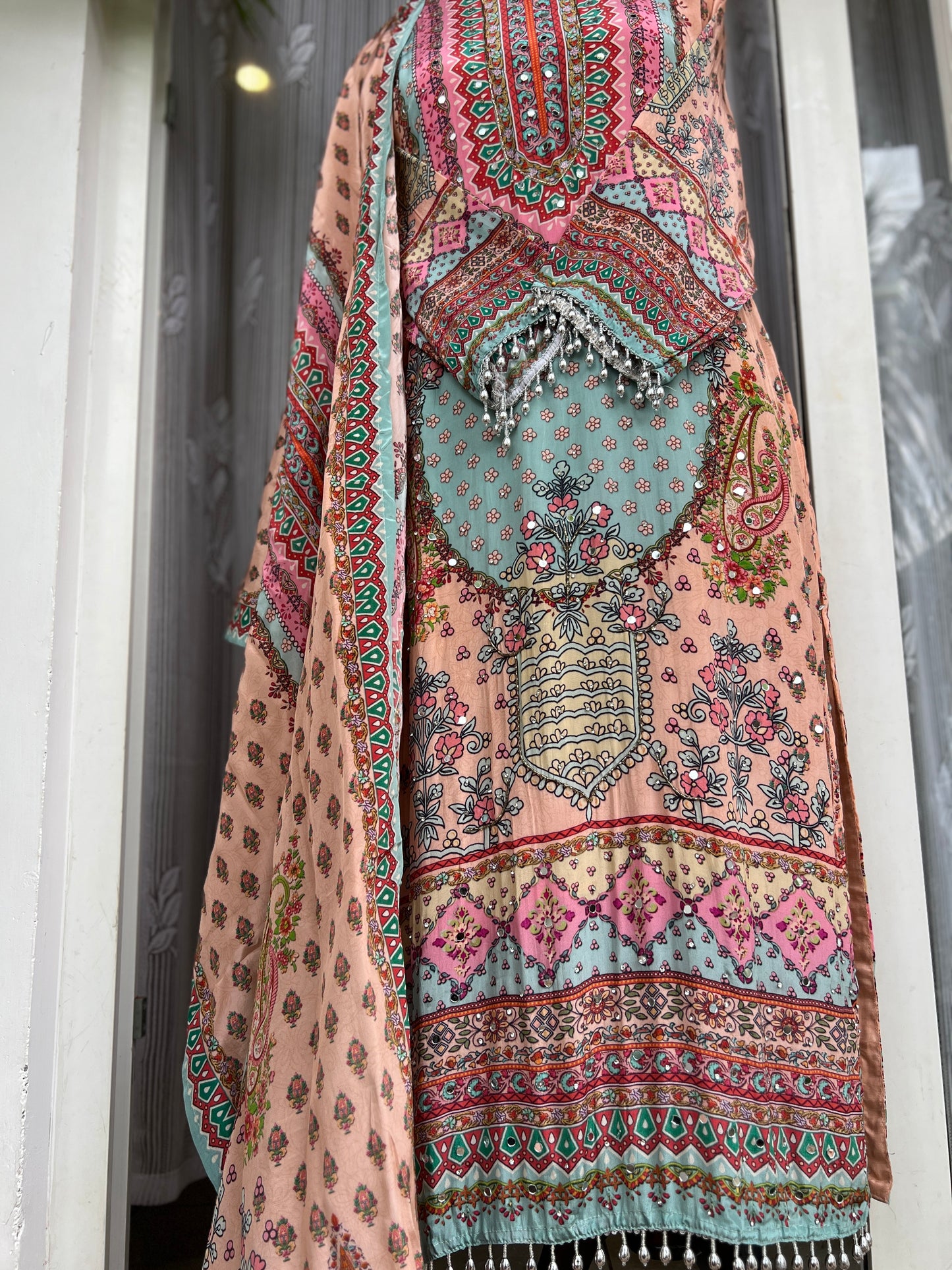 Elegant Crepe Pakistani Stitched Salwar Suit with Intricate Mirror Work