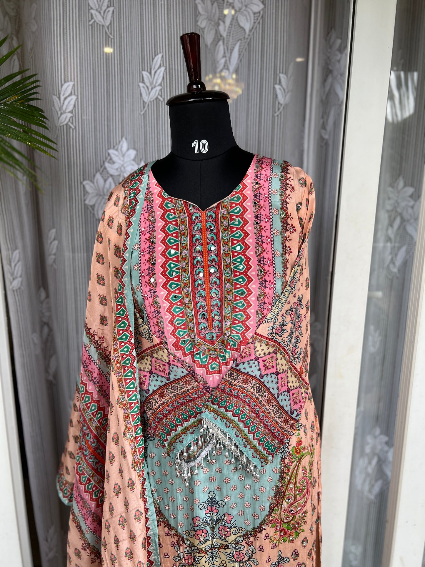 Elegant Crepe Pakistani Stitched Salwar Suit with Intricate Mirror Work