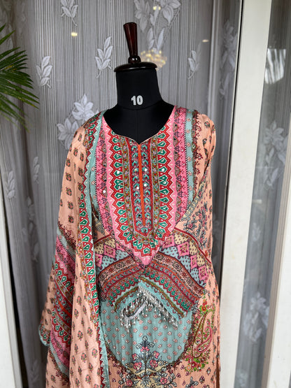 Elegant Crepe Pakistani Stitched Salwar Suit with Intricate Mirror Work