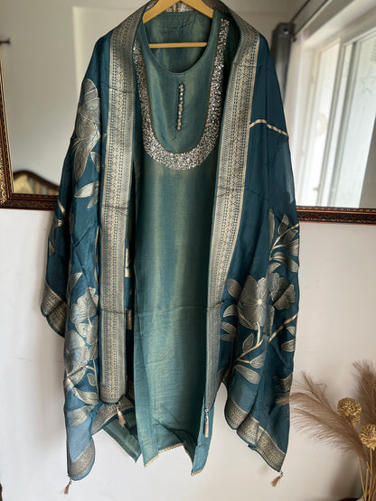 U-Neck Shimmer Silk Suit with Handwork & Floral Dola Silk Dupatta