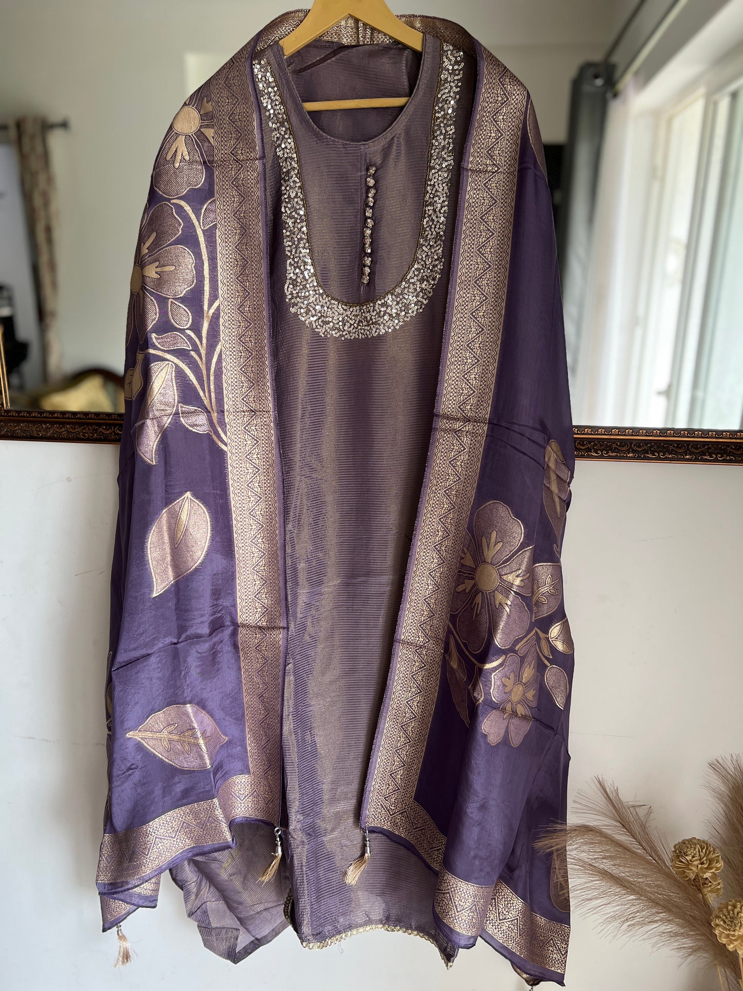 U-Neck Shimmer Silk Suit with Handwork & Floral Dola Silk Dupatta