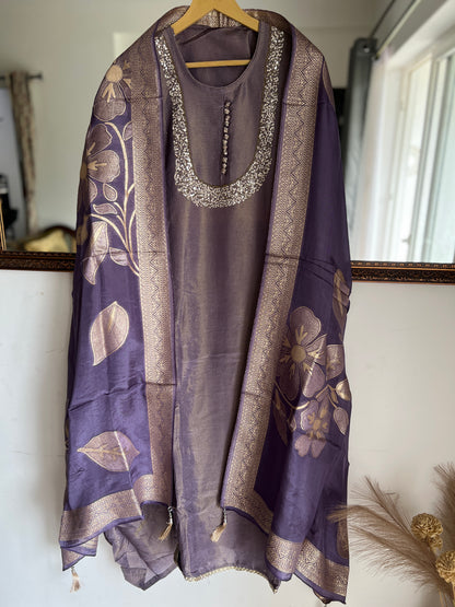U-Neck Shimmer Silk Suit with Handwork & Floral Dola Silk Dupatta