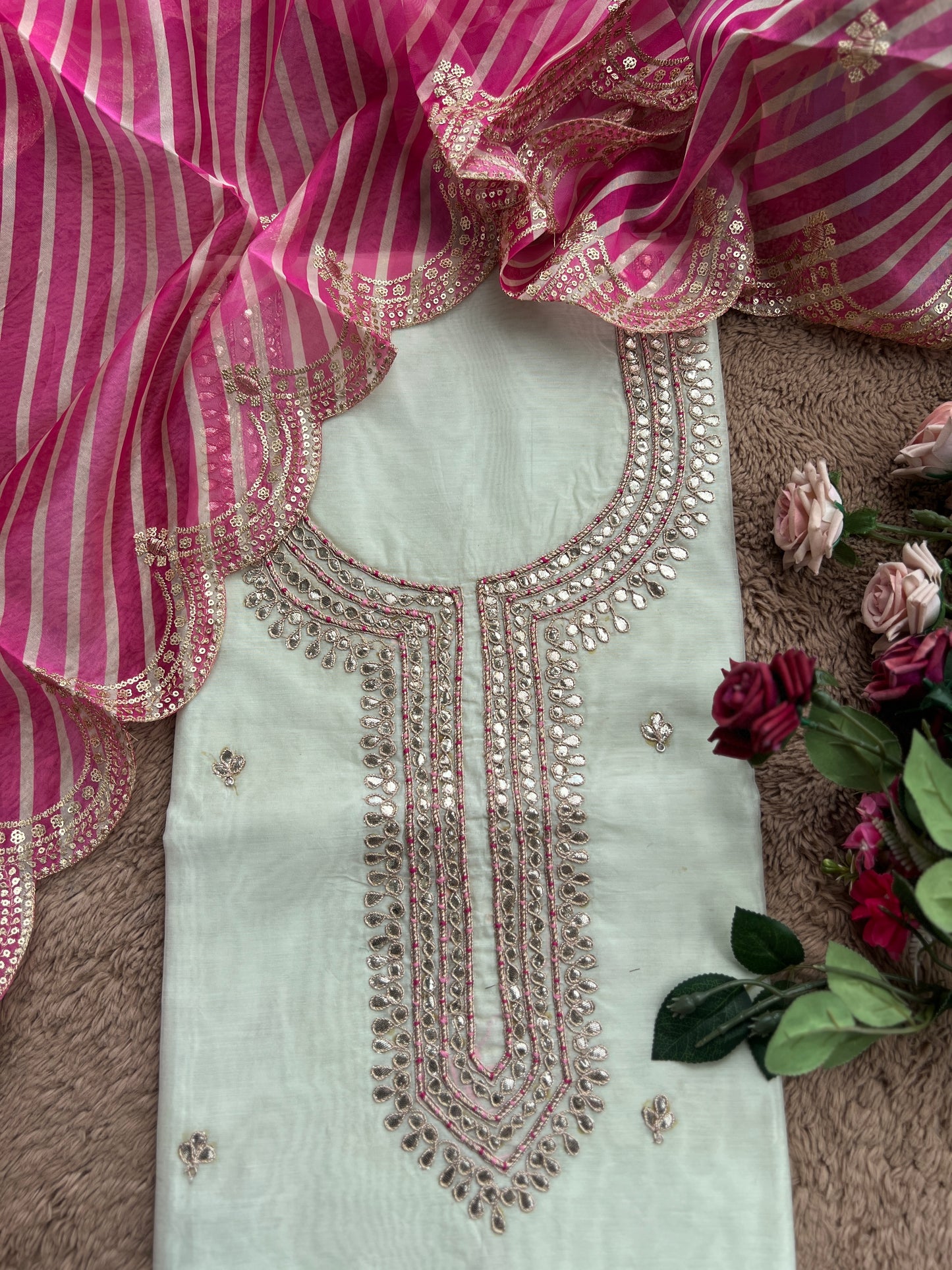 Handcrafted Gotawork Suit Set with Embroidered Laheriya Dupatta