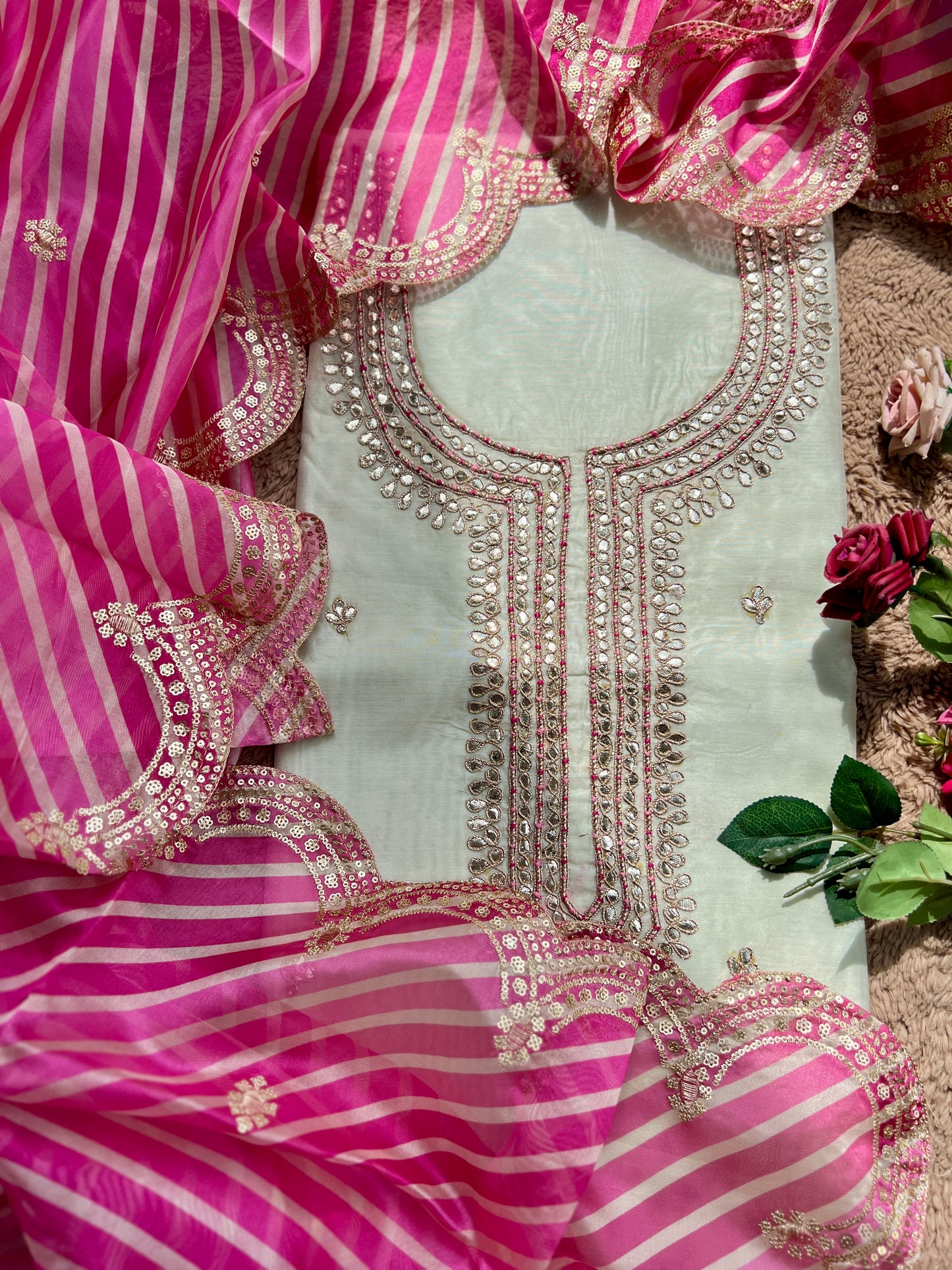 Handcrafted Gotawork Suit Set with Embroidered Laheriya Dupatta