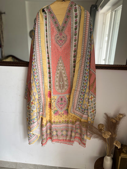 Peach & Yellow Printed Maslin Suit with Mirror Work