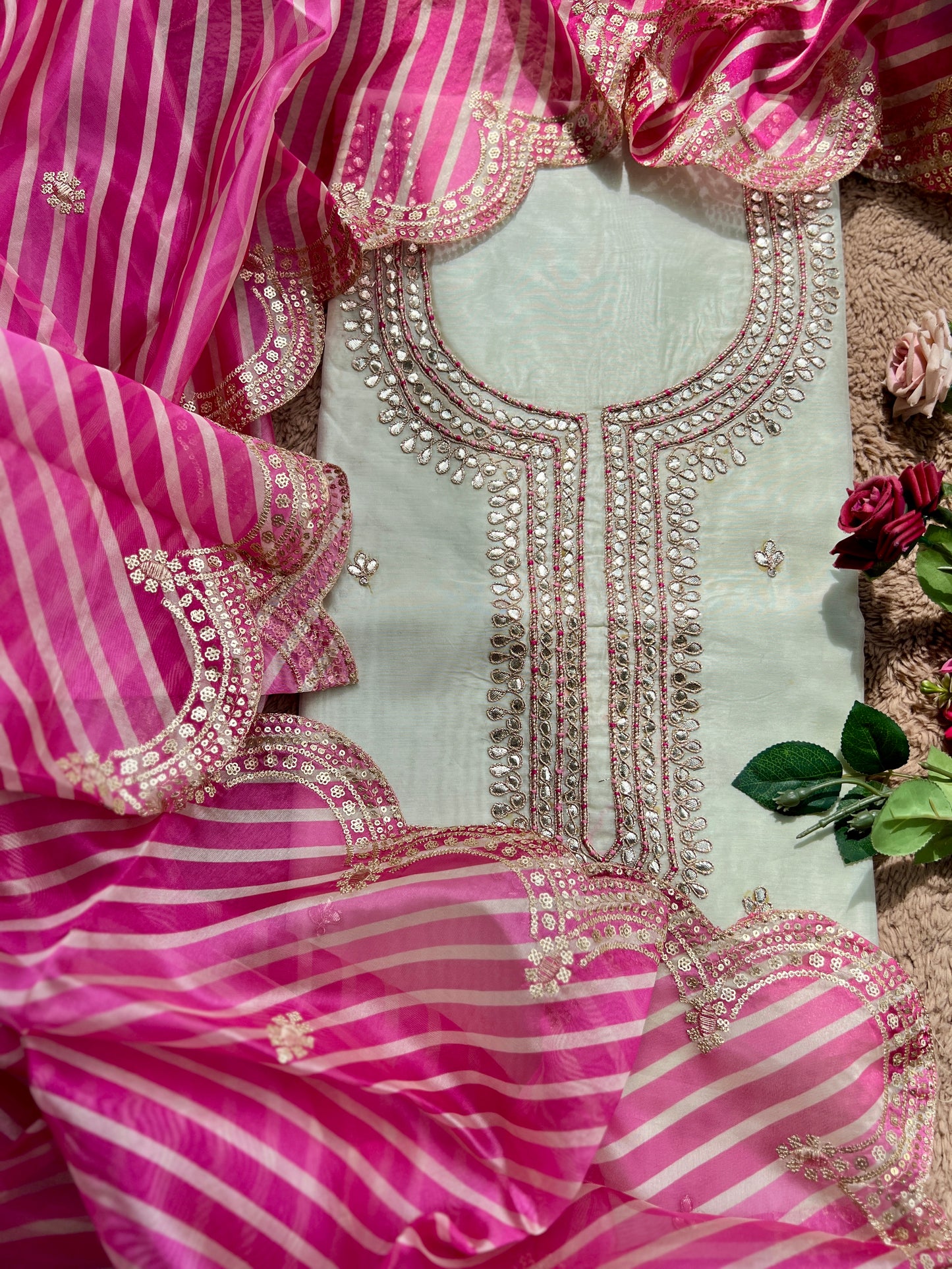 Handcrafted Gotawork Suit Set with Embroidered Laheriya Dupatta