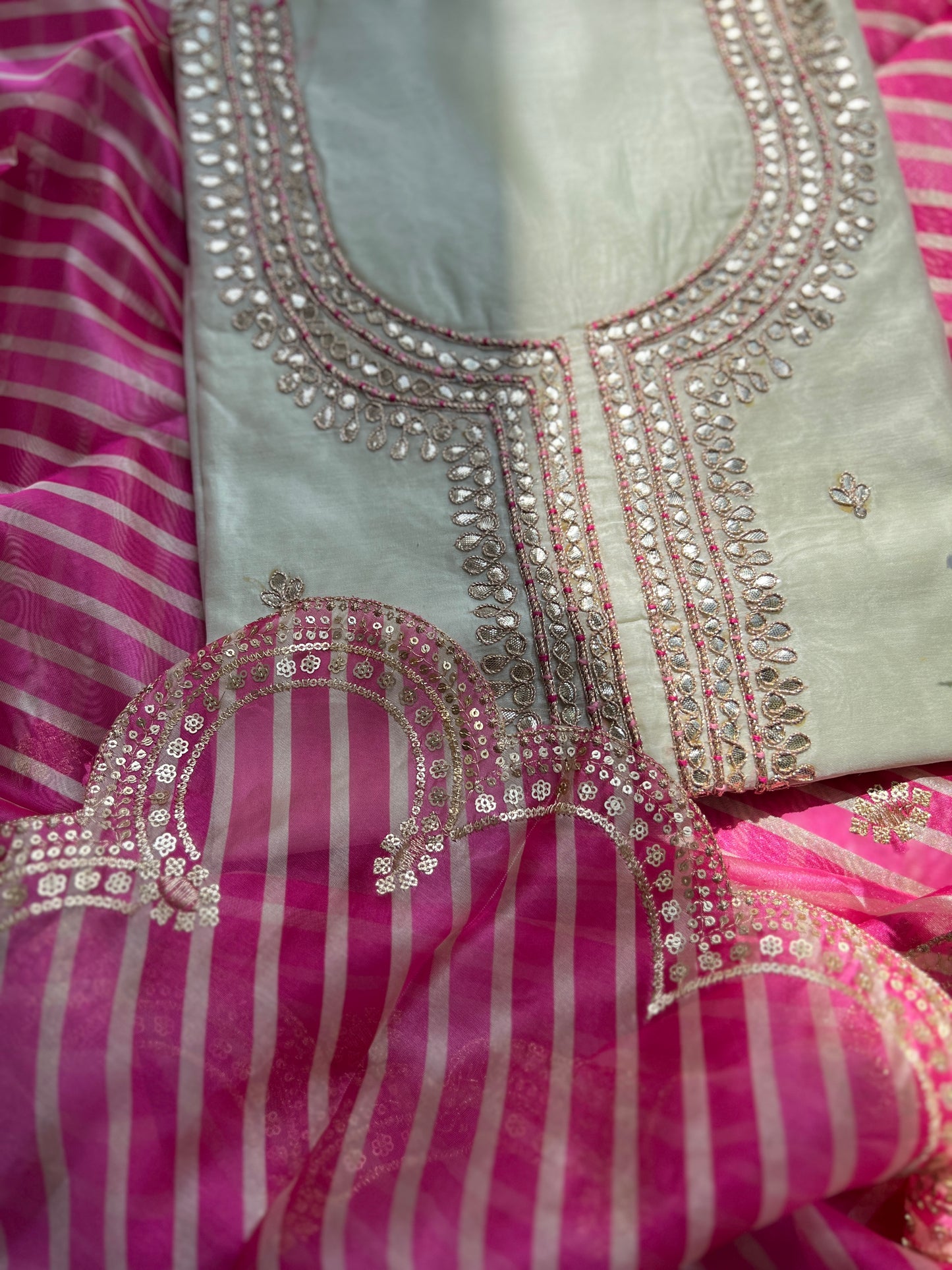 Handcrafted Gotawork Suit Set with Embroidered Laheriya Dupatta