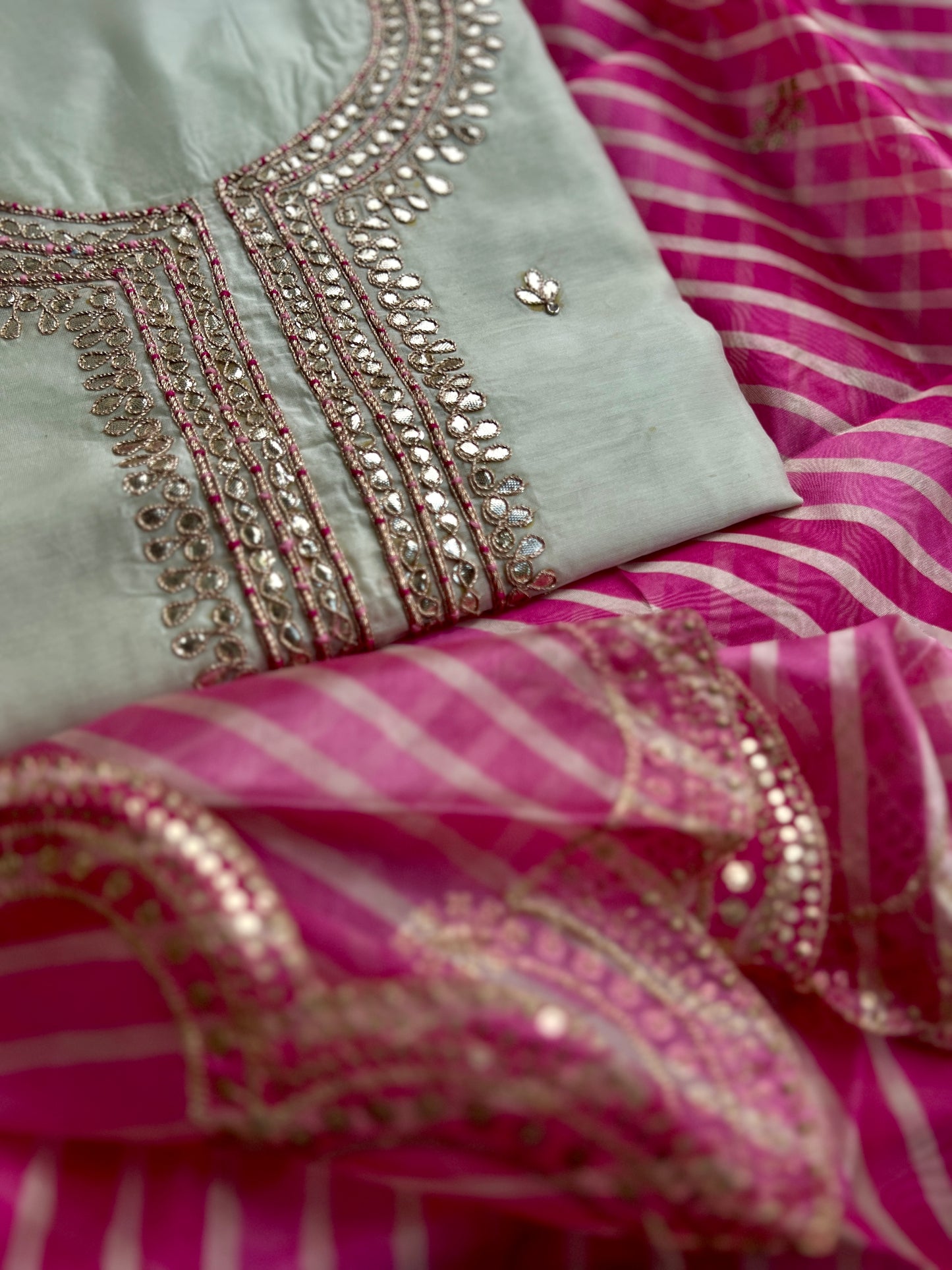 Handcrafted Gotawork Suit Set with Embroidered Laheriya Dupatta