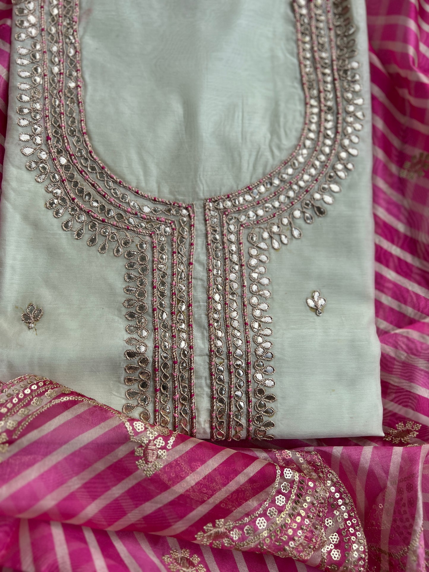 Handcrafted Gotawork Suit Set with Embroidered Laheriya Dupatta