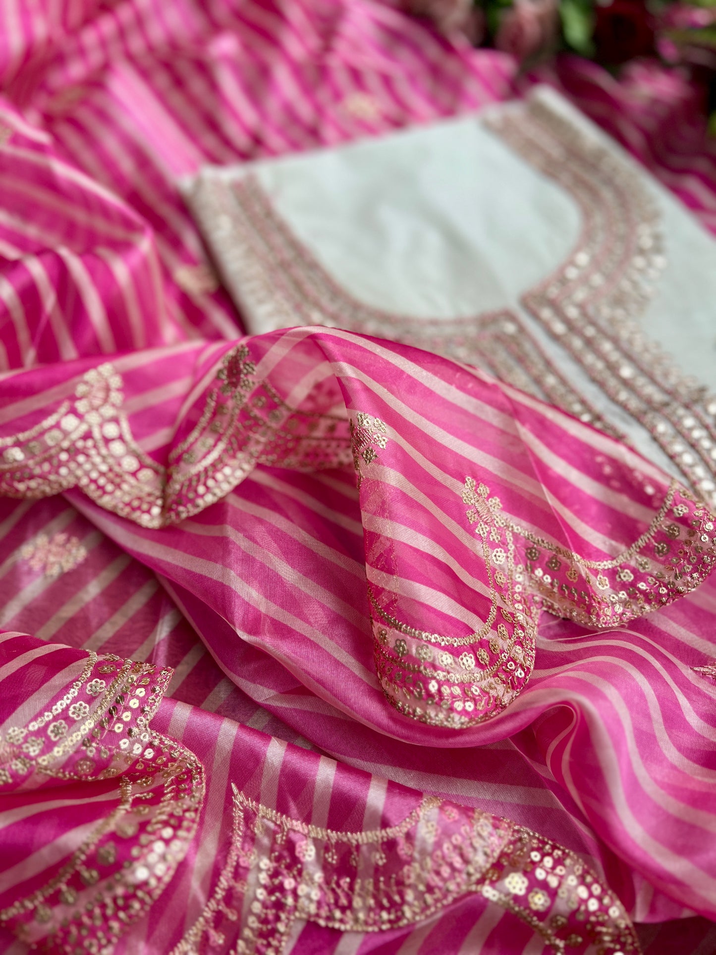 Handcrafted Gotawork Suit Set with Embroidered Laheriya Dupatta
