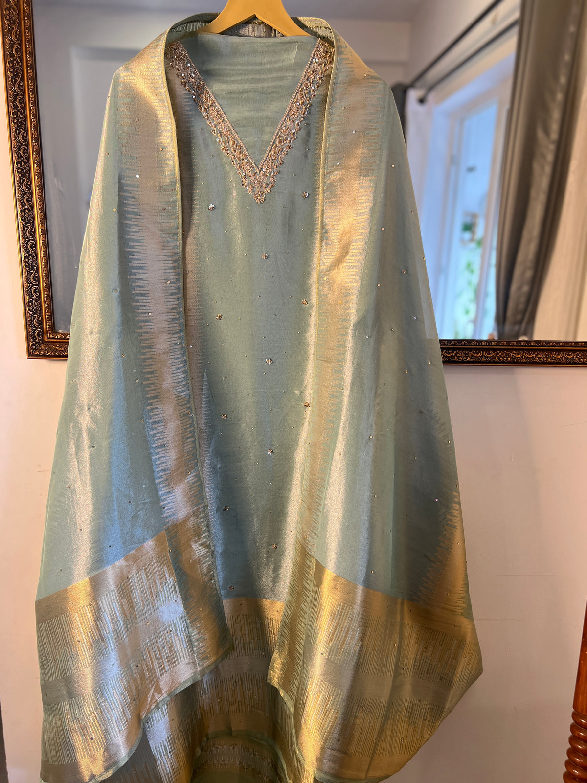 Sage Green & Gold Dabka Handwork Unstitched Suit Set