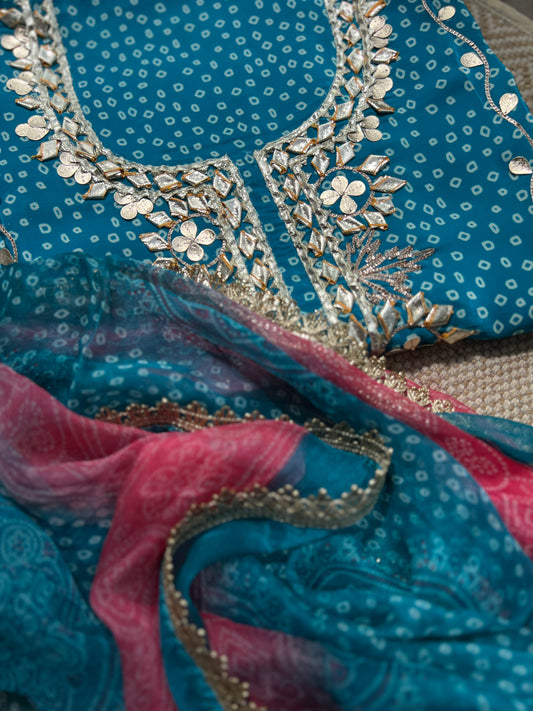 Elegant Crepe Bandhani Suit with Gotapatti Neck & Lace-Accented Chiffon Dupatta