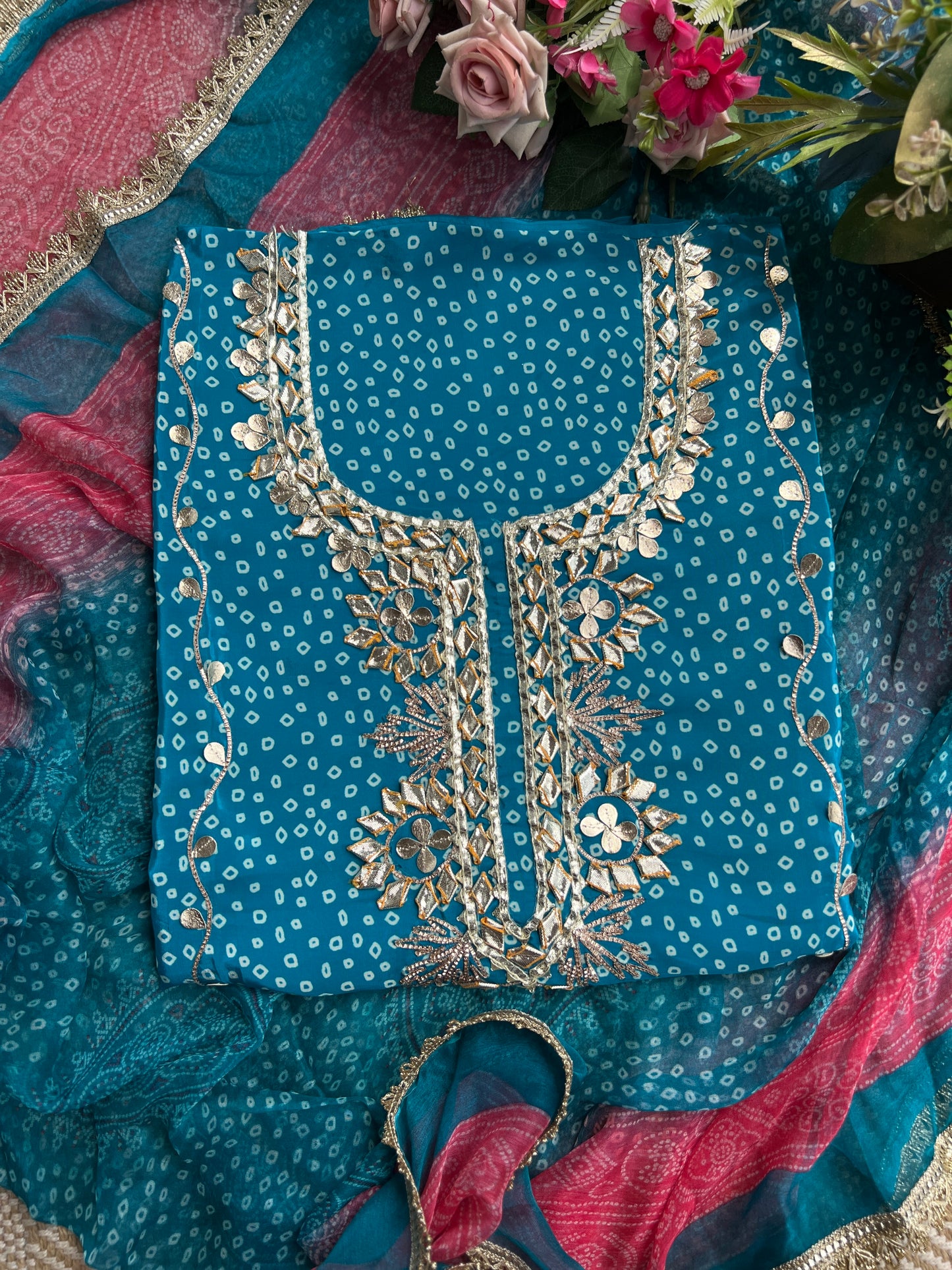 Elegant Crepe Bandhani Suit with Gotapatti Neck & Lace-Accented Chiffon Dupatta