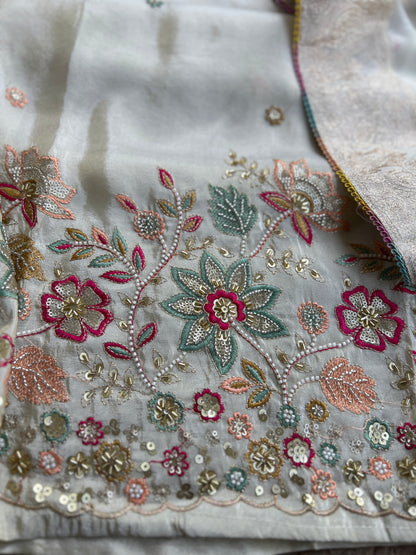 Ivory Shimmer Silk with Multi-Embroidered Elegance