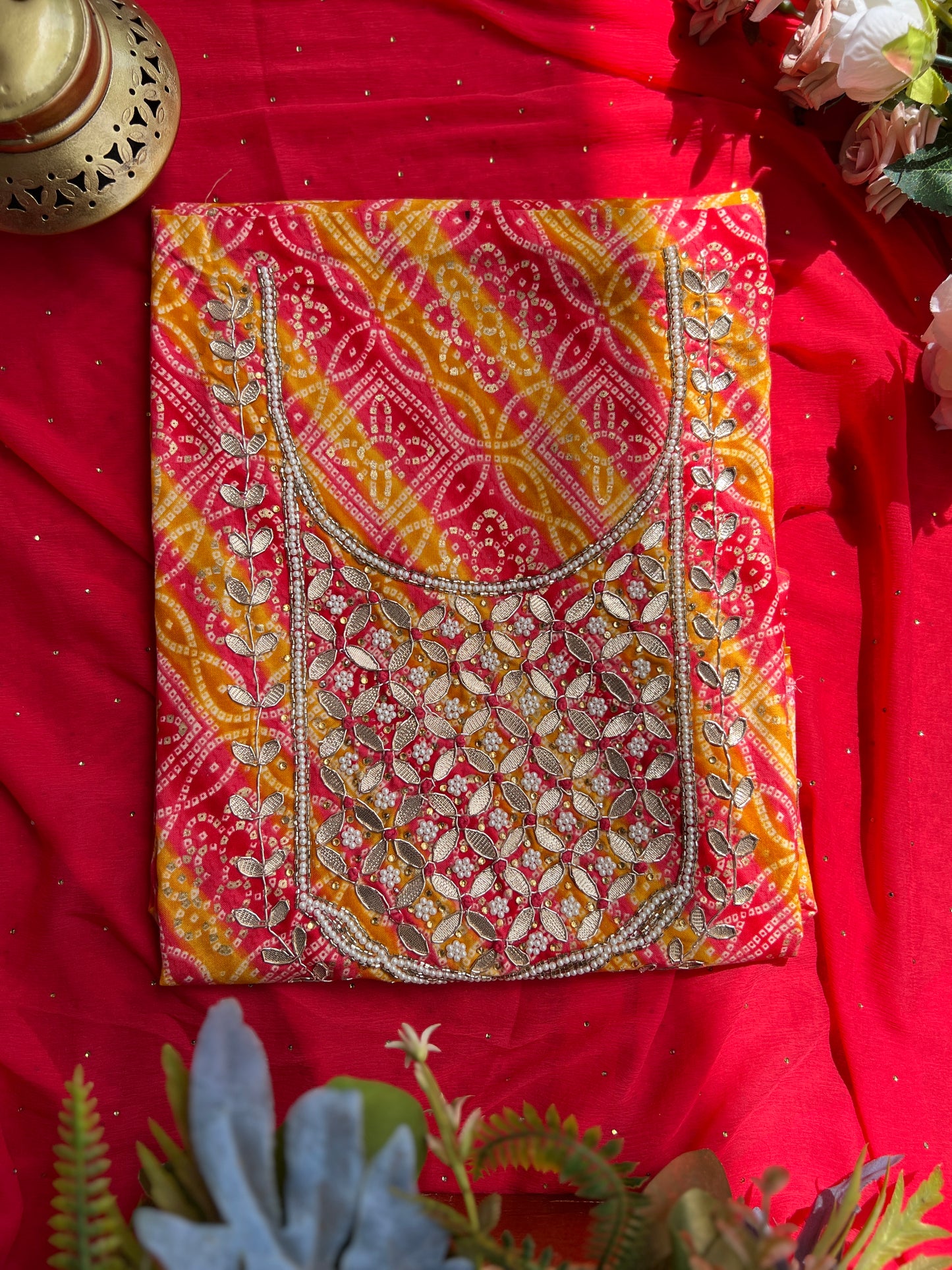 Bandhani with Hand Mirror Embroidery