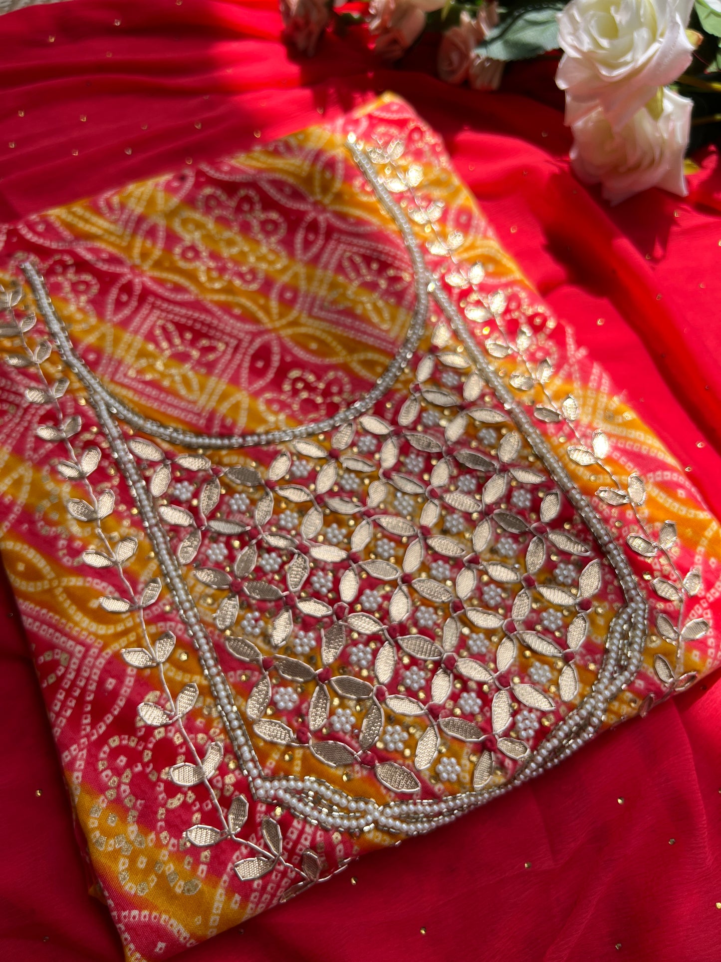 Bandhani with Hand Mirror Embroidery