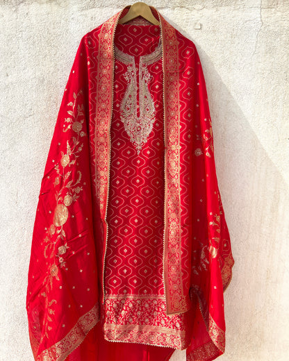 Royal red Moonga silk zardozi unstitched suit – photo 2