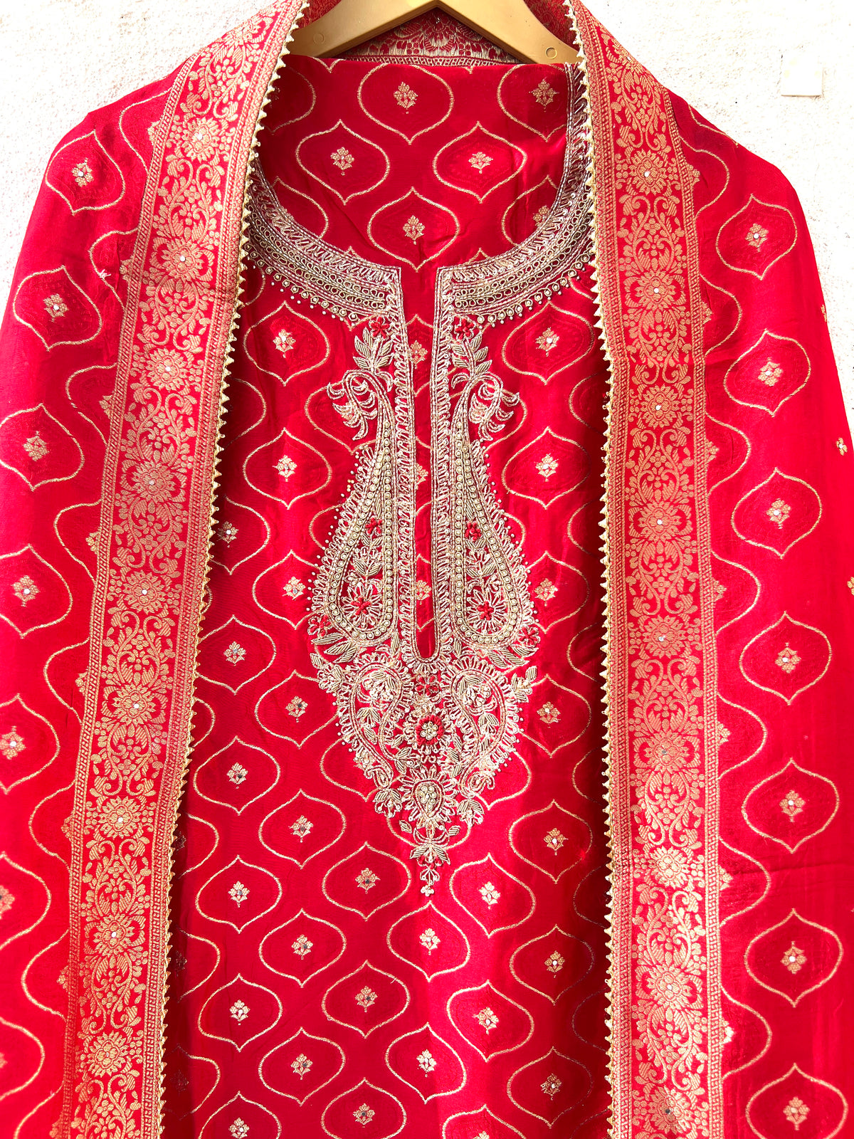Royal red Moonga silk zardozi unstitched suit – photo 3
