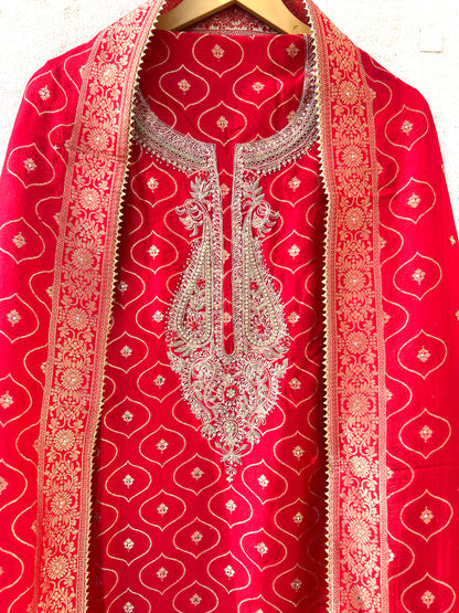 Royal red Moonga silk zardozi unstitched suit – photo 3