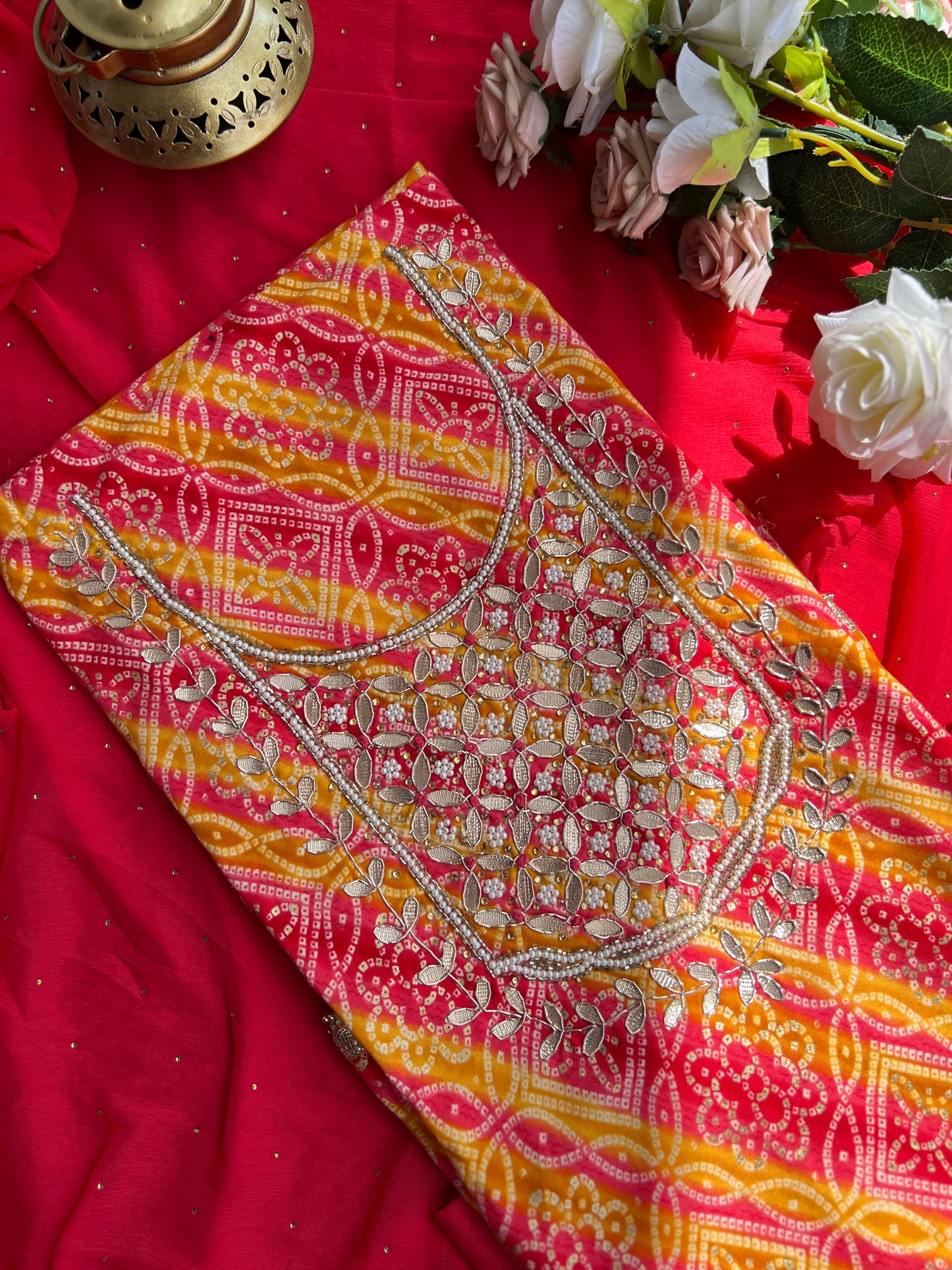 Bandhani with Hand Mirror Embroidery