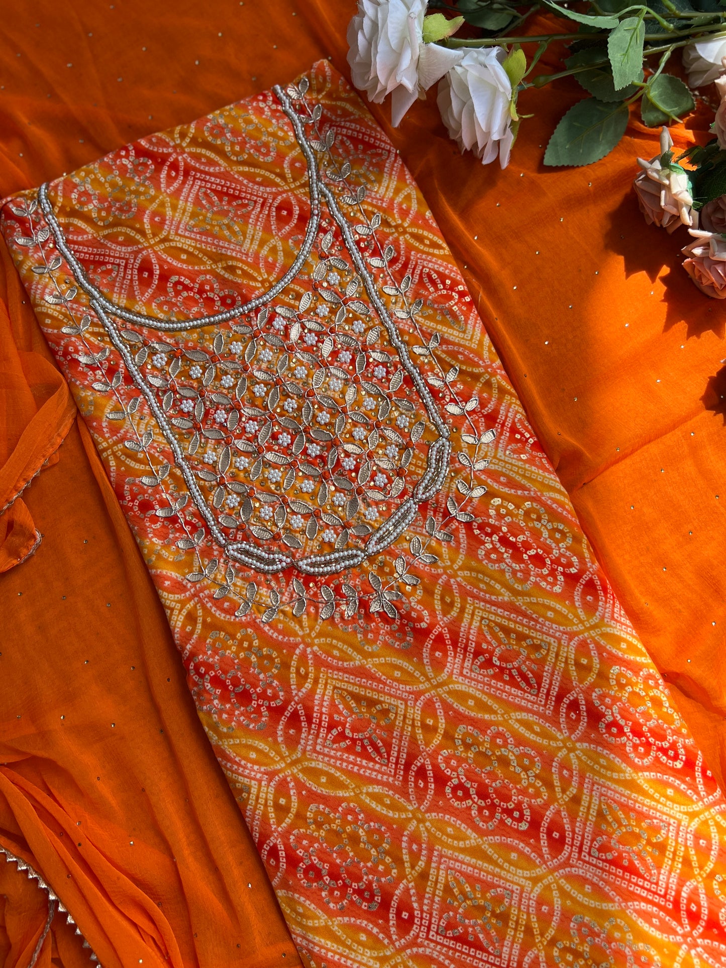 Bandhani with Hand Mirror Embroidery