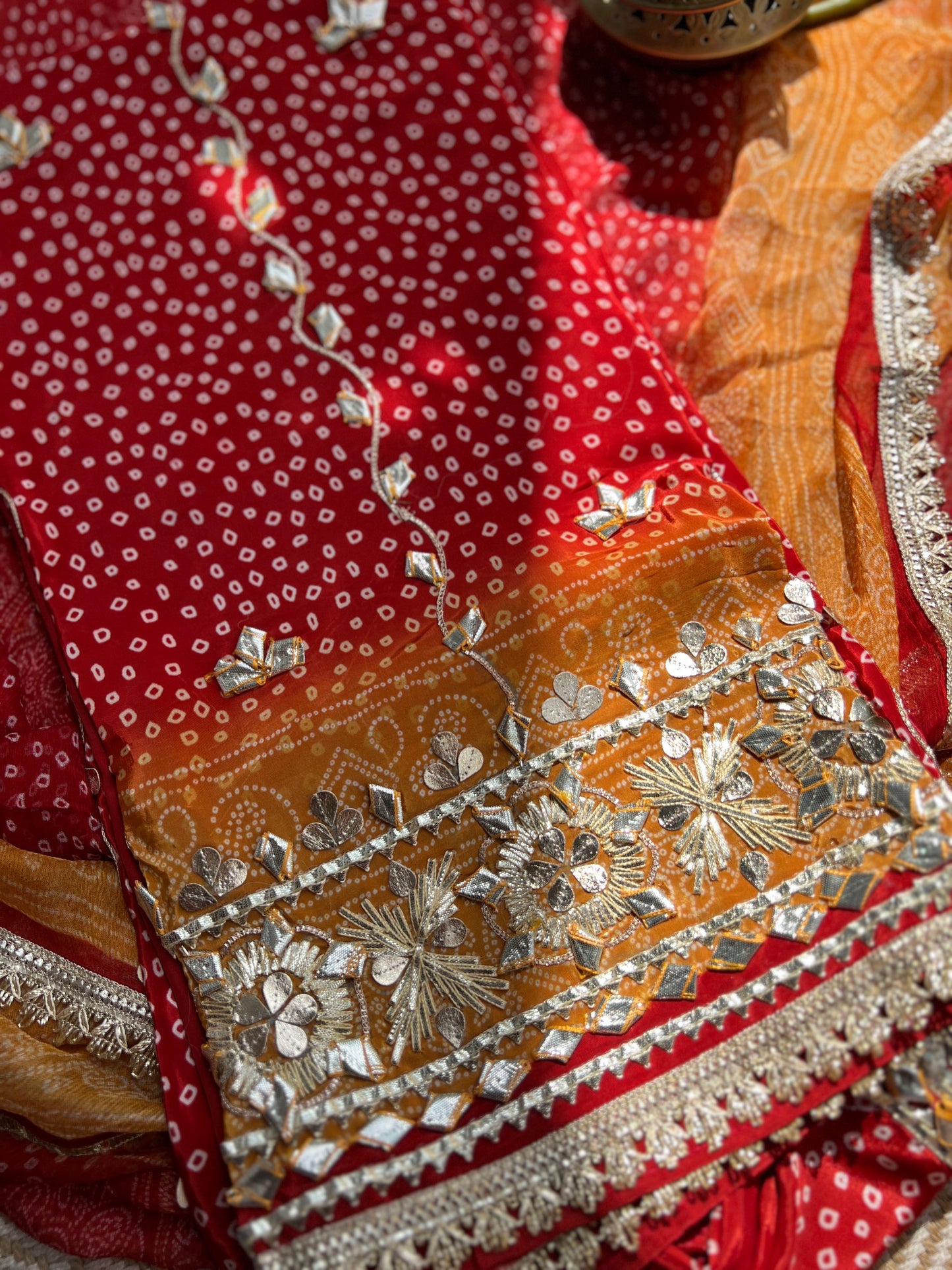 Elegant Crepe Bandhani Suit with Gotapatti Neck & Lace-Accented Chiffon Dupatta