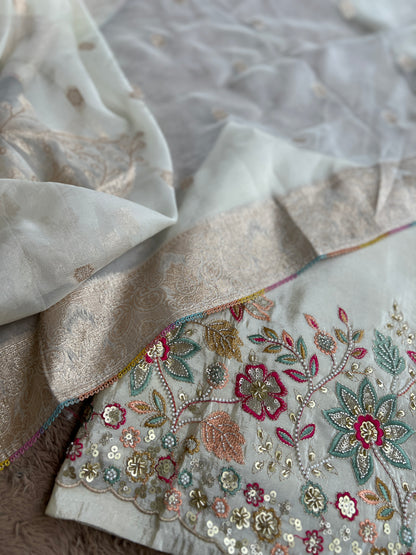 Ivory Shimmer Silk with Multi-Embroidered Elegance