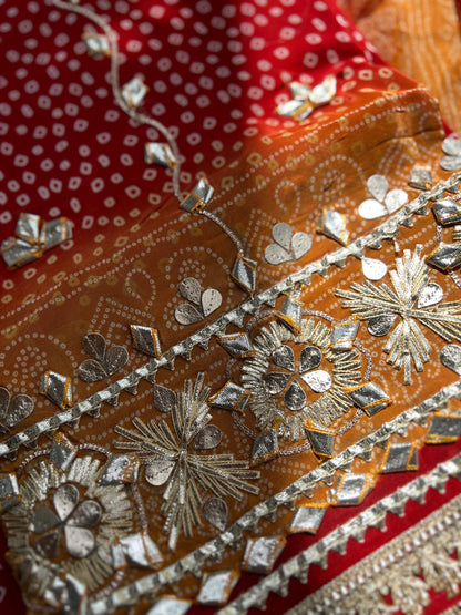 Elegant Crepe Bandhani Suit with Gotapatti Neck & Lace-Accented Chiffon Dupatta