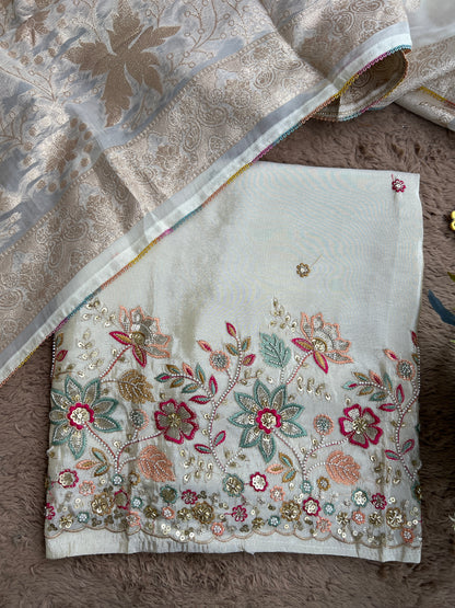 Ivory Shimmer Silk with Multi-Embroidered Elegance