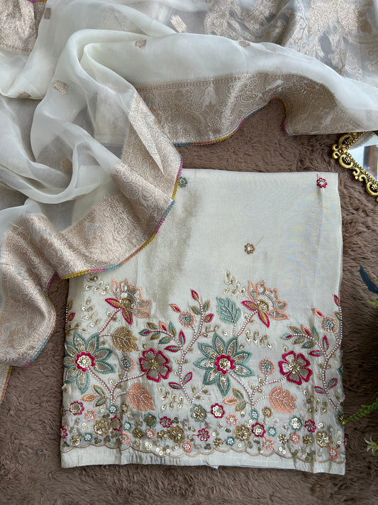 Ivory Shimmer Silk with Multi-Embroidered Elegance