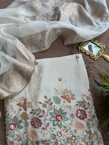 Ivory Shimmer Silk with Multi-Embroidered Elegance