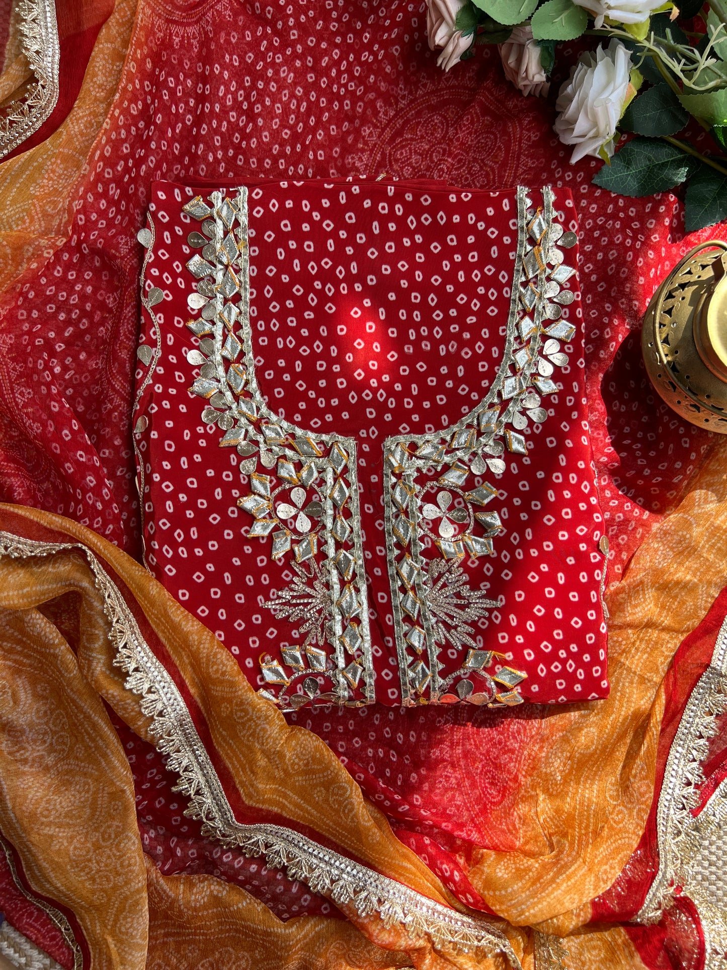 Elegant Crepe Bandhani Suit with Gotapatti Neck & Lace-Accented Chiffon Dupatta