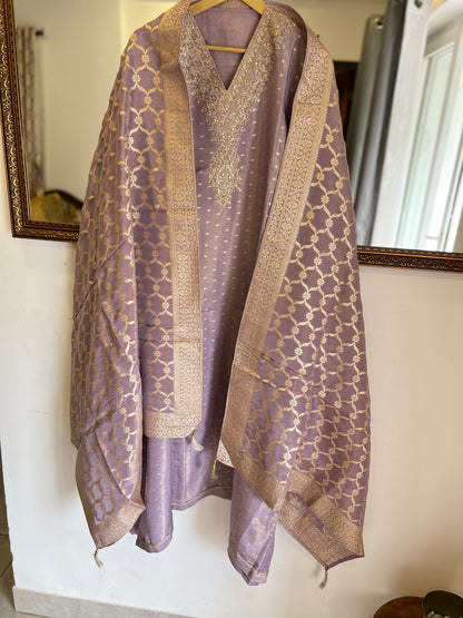 Graceful Shimmer Silk  Embroidered Suit Set