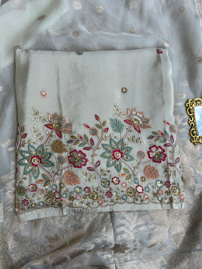 Ivory Shimmer Silk with Multi-Embroidered Elegance
