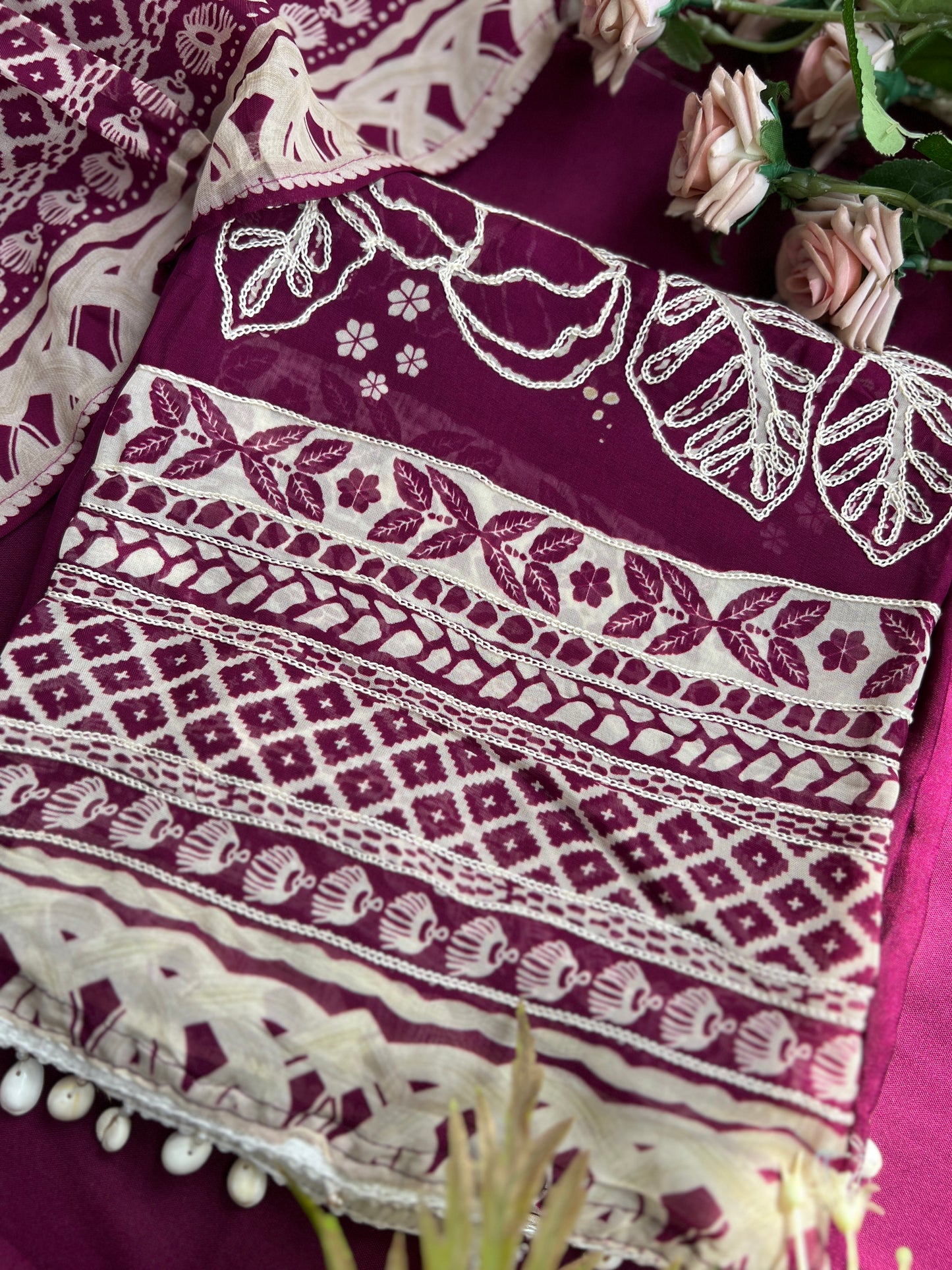 Magenta Muse: Pakistani Semi-Stitched Suit with Seashell Detailing