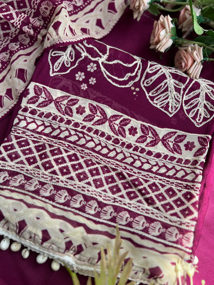 Magenta Muse: Pakistani Semi-Stitched Suit with Seashell Detailing