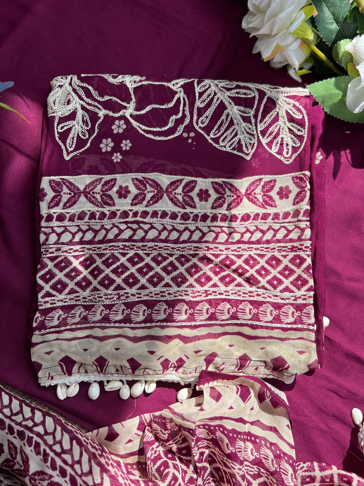 Magenta Muse: Pakistani Semi-Stitched Suit with Seashell Detailing