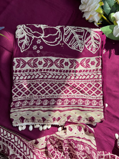 Magenta Muse: Pakistani Semi-Stitched Suit with Seashell Detailing