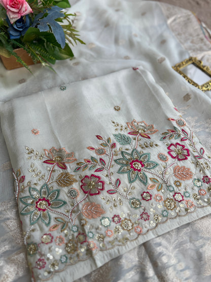 Ivory Shimmer Silk with Multi-Embroidered Elegance