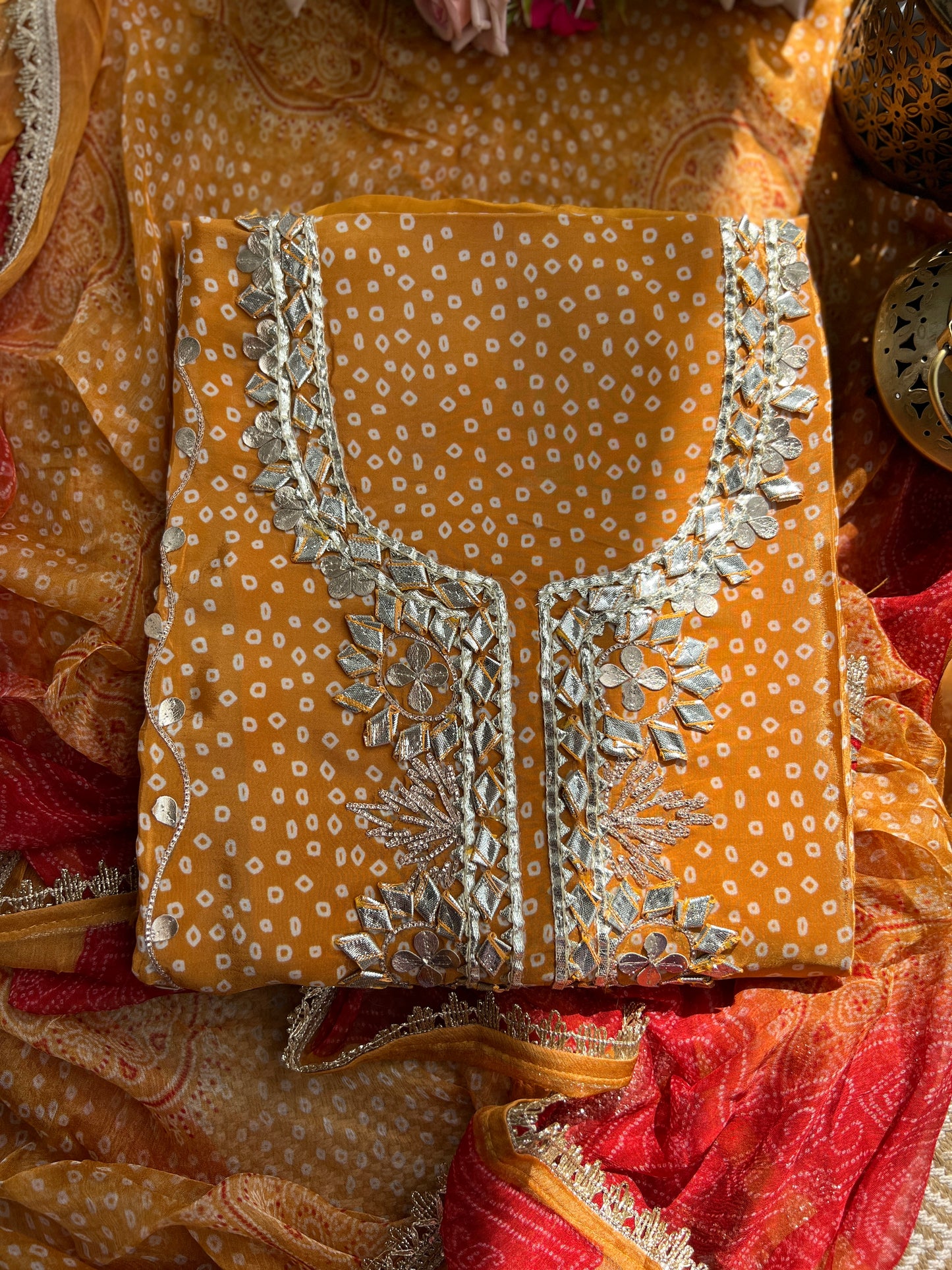Elegant Crepe Bandhani Suit with Gotapatti Neck & Lace-Accented Chiffon Dupatta