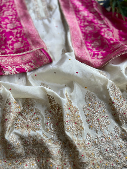 Ivory Shimmer Silk Suit with Hand Embroidery & Contrasting Dola Banarasi Dupatta