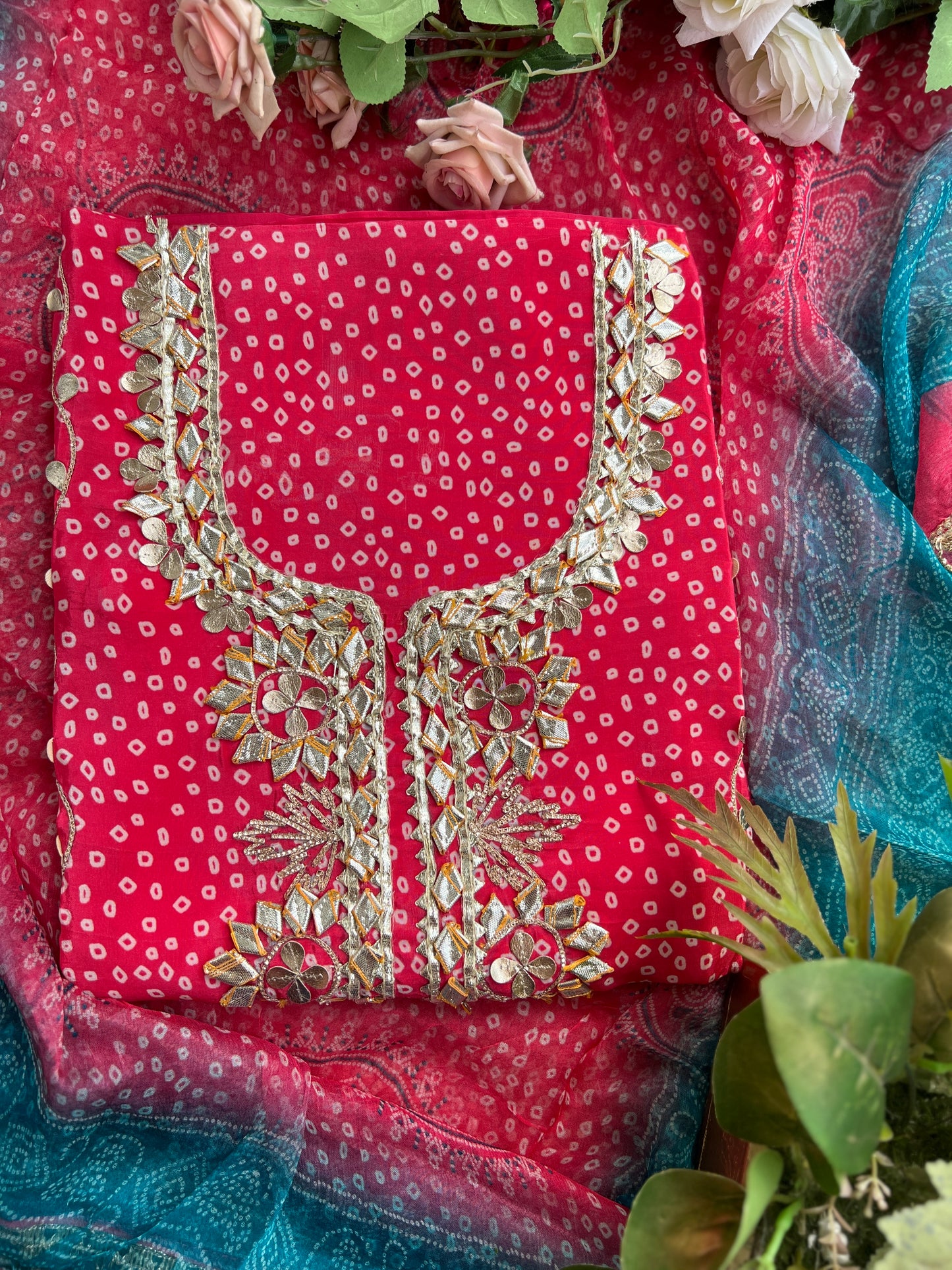 Elegant Crepe Bandhani Suit with Gotapatti Neck & Lace-Accented Chiffon Dupatta