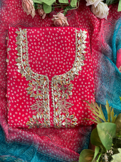 Elegant Crepe Bandhani Suit with Gotapatti Neck & Lace-Accented Chiffon Dupatta