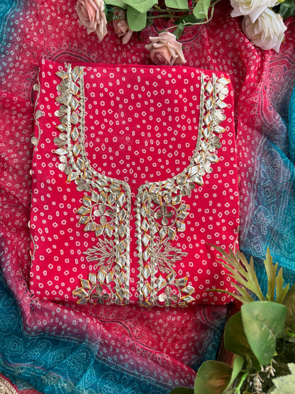 Elegant Crepe Bandhani Suit with Gotapatti Neck & Lace-Accented Chiffon Dupatta