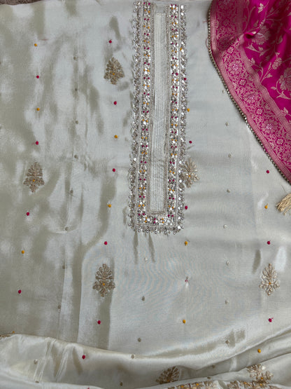 Ivory Shimmer Silk Suit with Hand Embroidery & Contrasting Dola Banarasi Dupatta